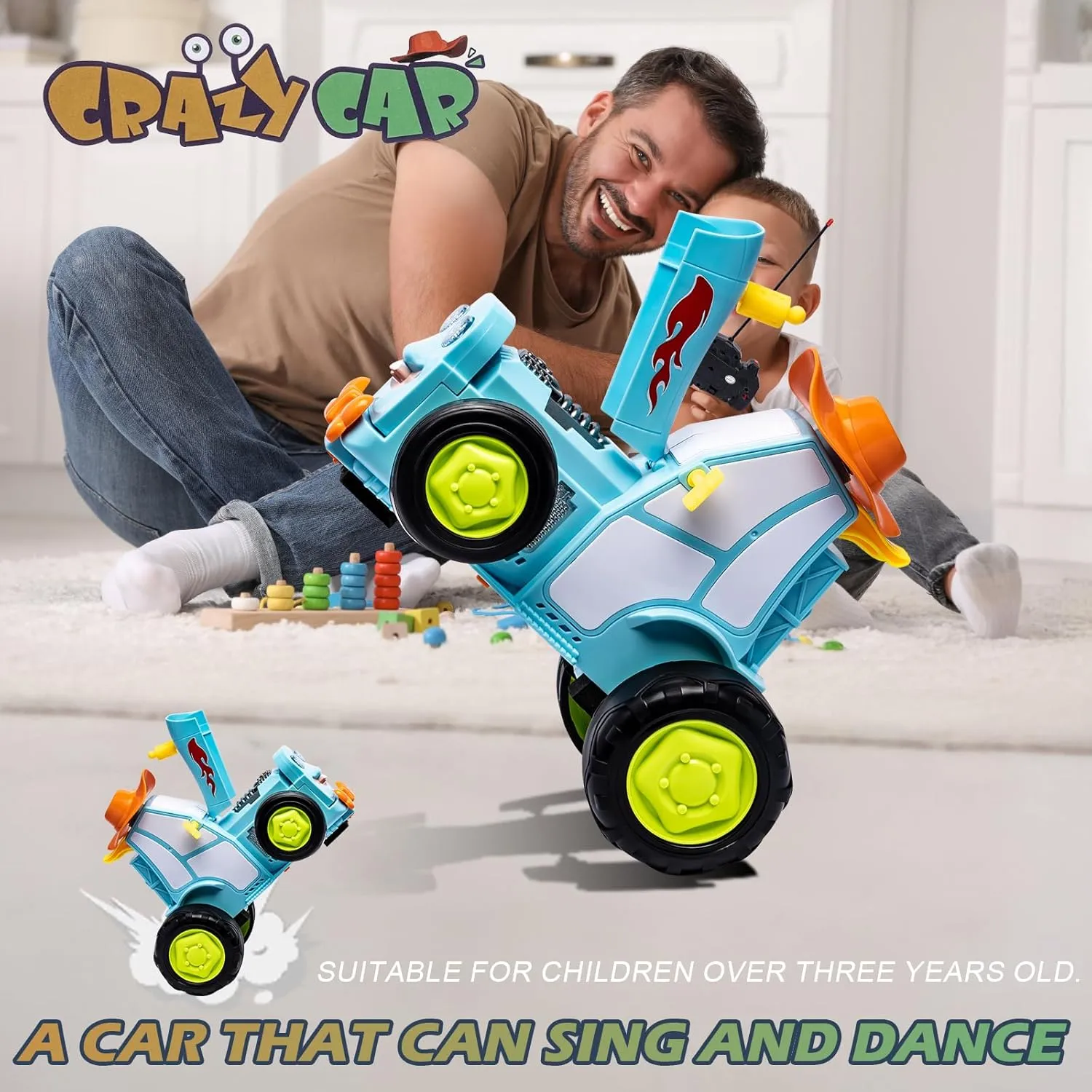 2025 Crazy Jumping Car Toys- Remote Control Truck with Light & Music, Dinosaur Toys for Kids, Scale RC Truck with 360° Spins and Drifting, Remote Control Car(Blue)