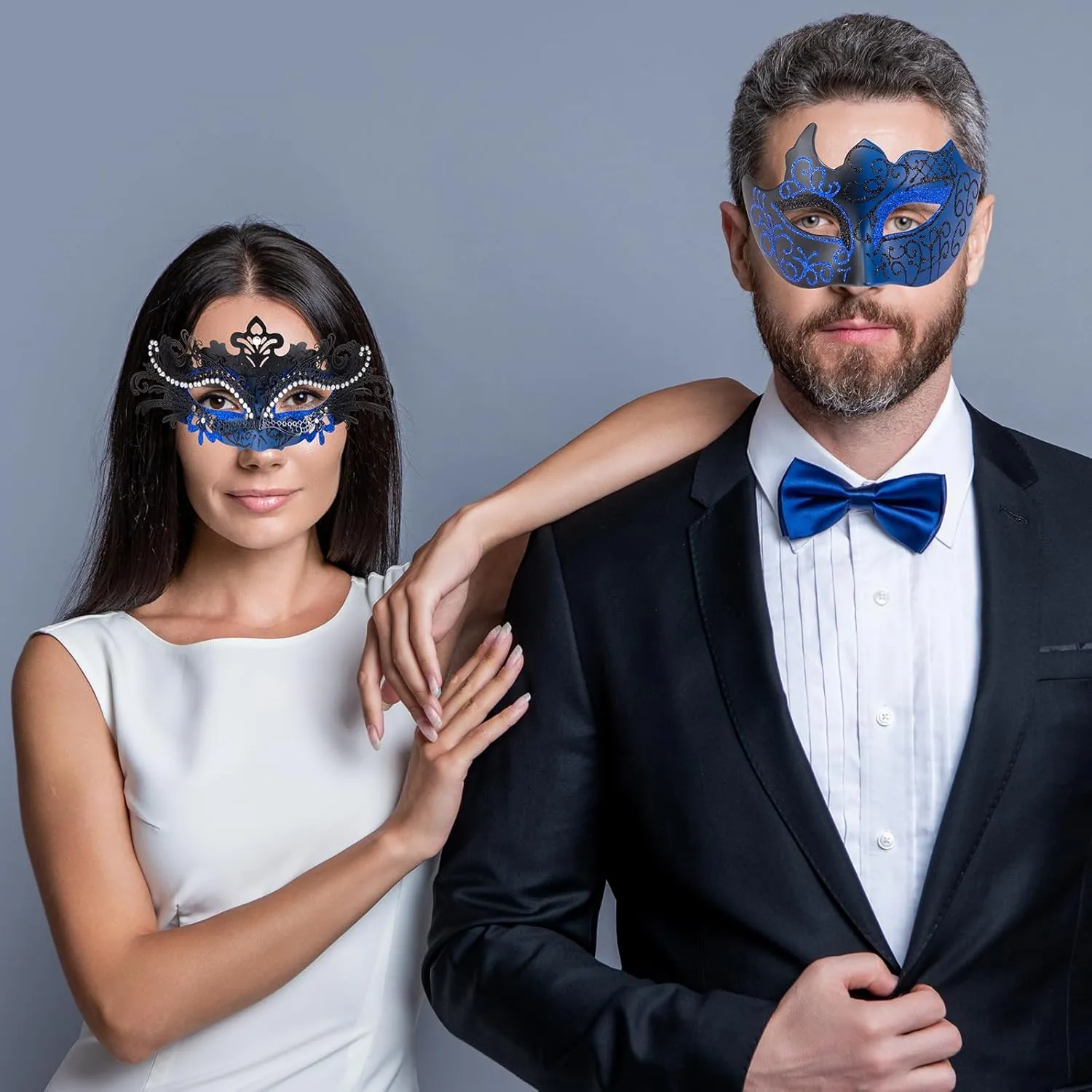 2025 Masquerade Masks for Couples, Shiny Rhinestone Metal Filigree Venetian Mask & Mens Venetian Mask for Mardi Gras