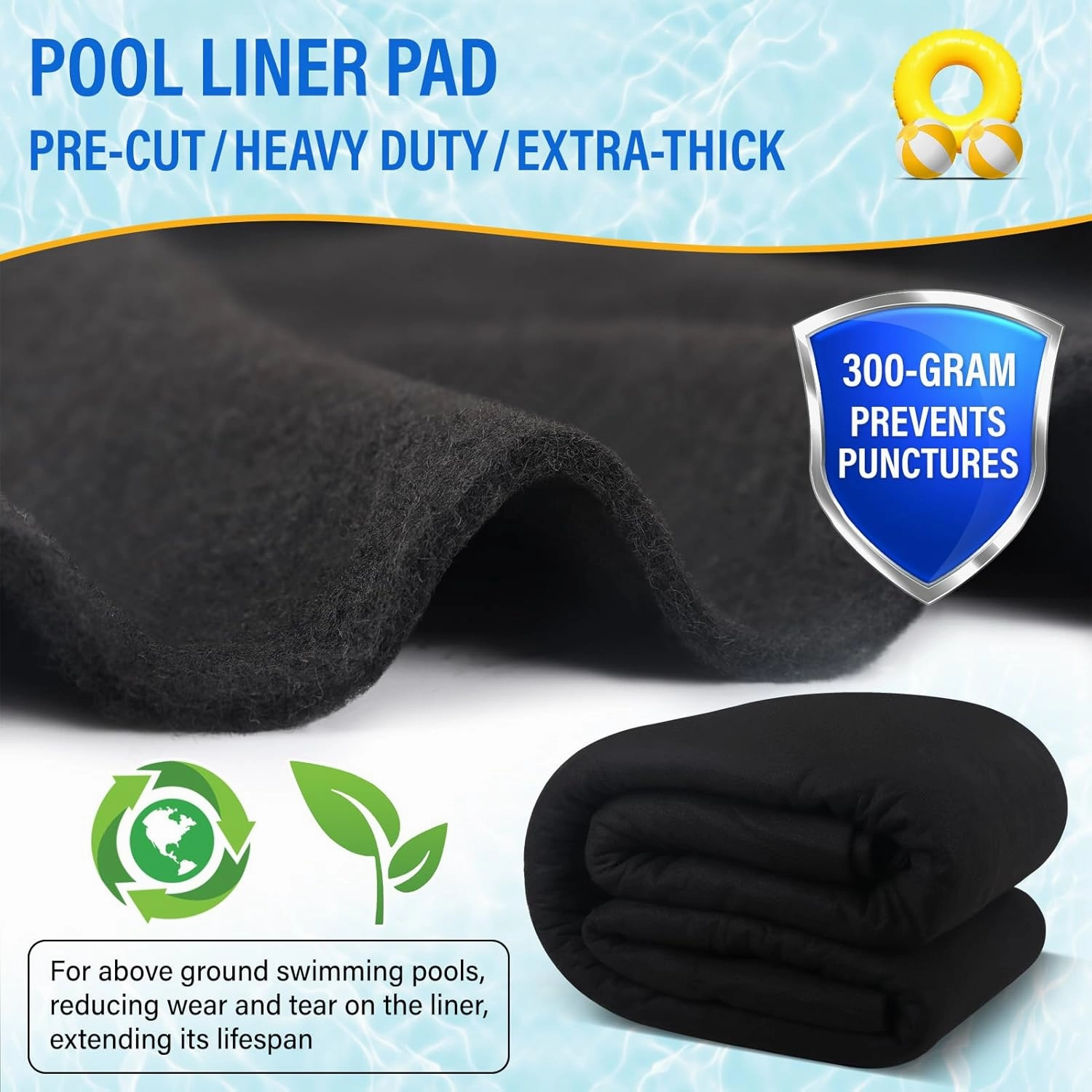 2025 New 12 FT Round Pool Pad for Above Swimming Pool,300 g/㎡ Pre-Cut Heavy Duty Outdoor Pool Liner Pads|Double Density| Puncture Resistant|Seamless Durable Eco-Friendly|Black Swimming Pool Mats