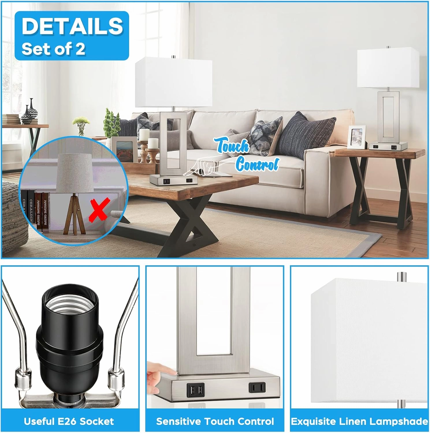 22'' Tall Table Lamps for Bedroom Set of 2, Silver Bedside Touch Control Lamp with 2 USB Ports&AC Outlet, Modern Living Room Table Lamp for Nightstand End Table, 3-Way Dimming with 2 E26 Edison Bulbs