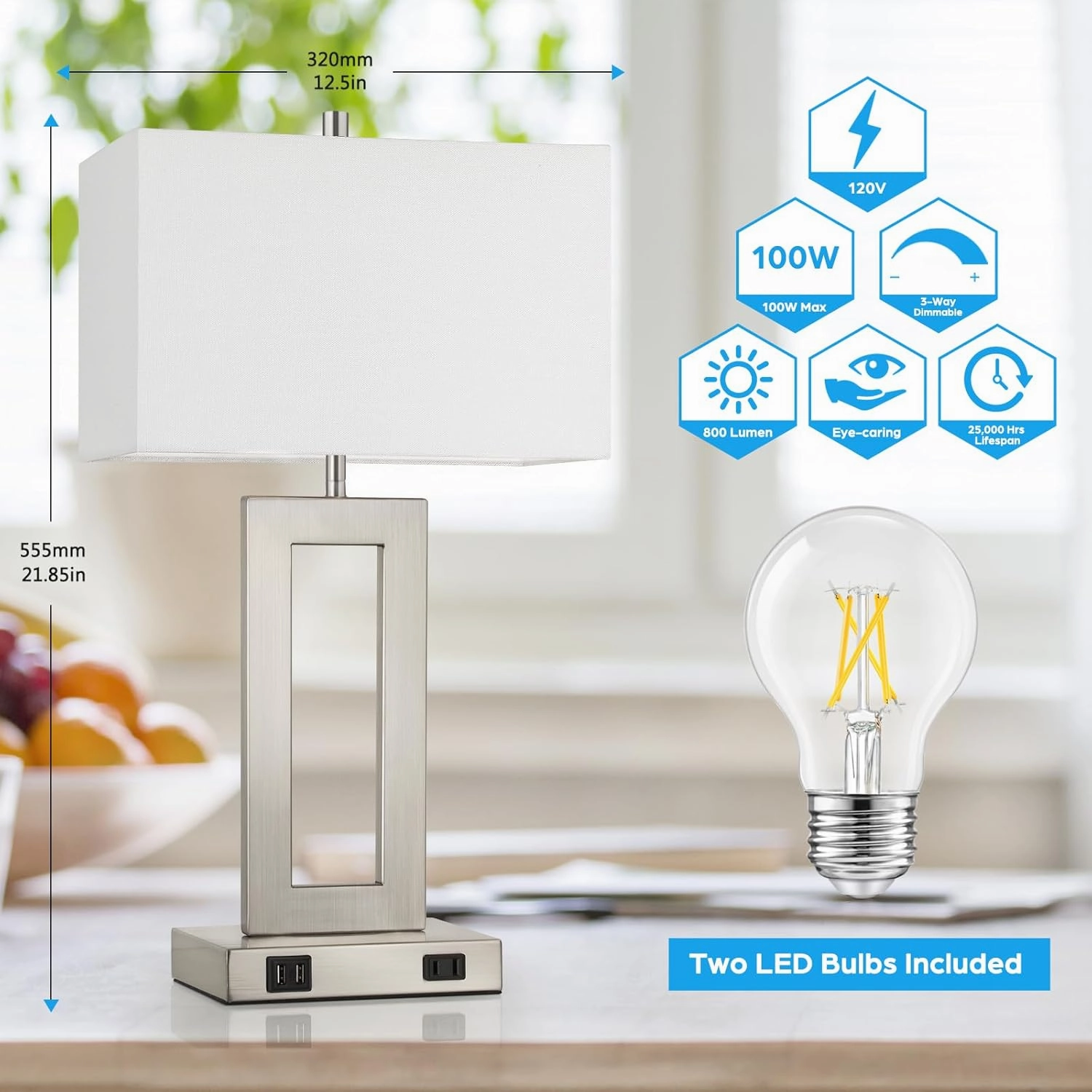 22'' Tall Table Lamps for Bedroom Set of 2, Silver Bedside Touch Control Lamp with 2 USB Ports&AC Outlet, Modern Living Room Table Lamp for Nightstand End Table, 3-Way Dimming with 2 E26 Edison Bulbs