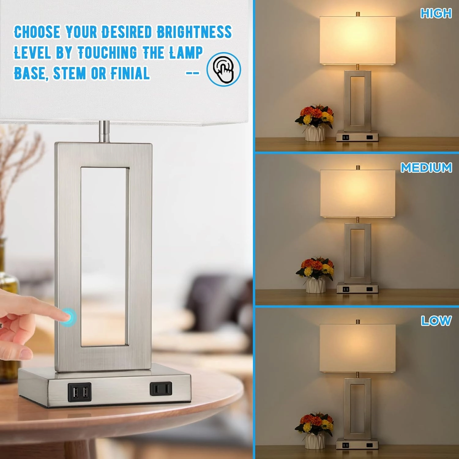 22'' Tall Table Lamps for Bedroom Set of 2, Silver Bedside Touch Control Lamp with 2 USB Ports&AC Outlet, Modern Living Room Table Lamp for Nightstand End Table, 3-Way Dimming with 2 E26 Edison Bulbs