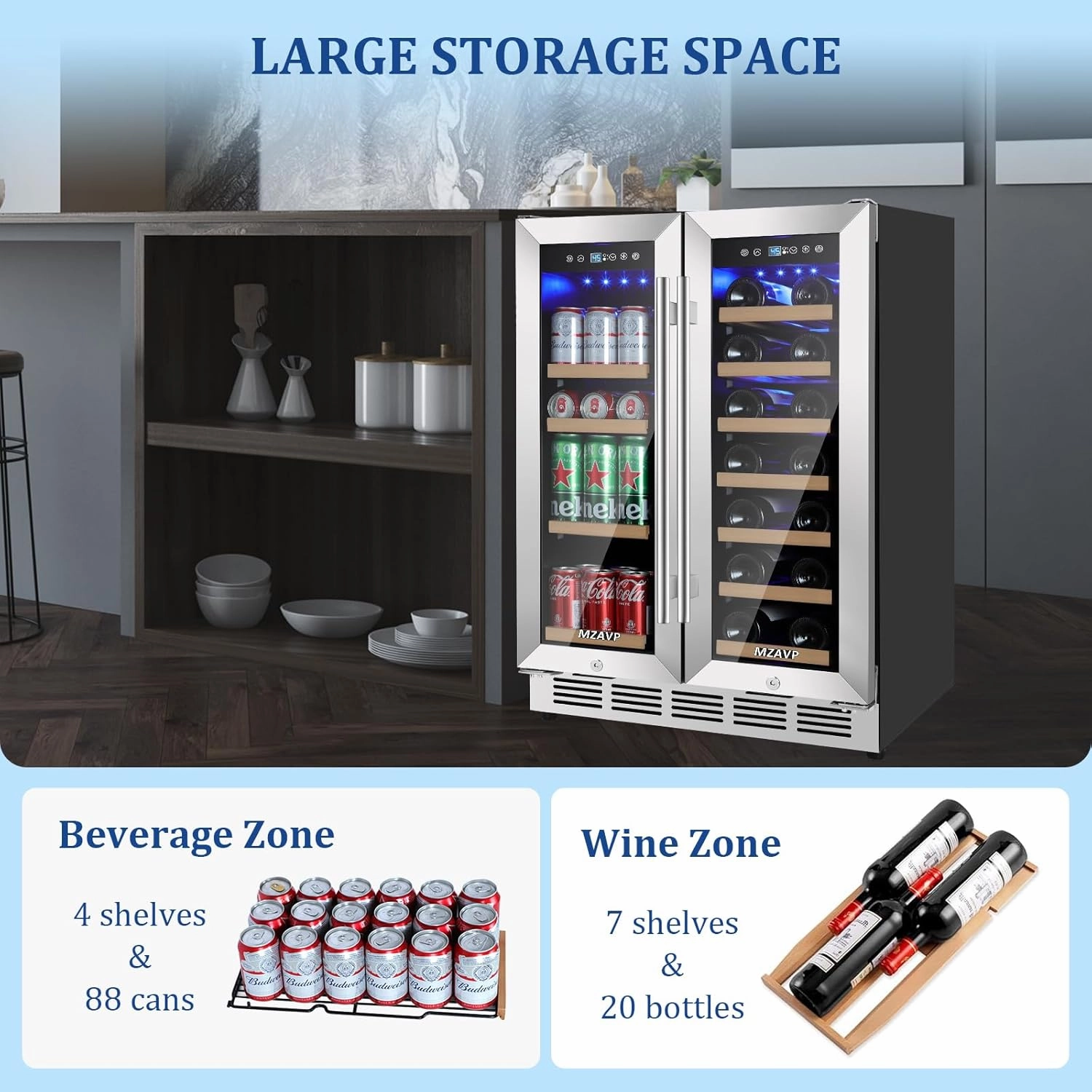 24 Inch Wine and Beverage Refrigerator, Dual Zone Beverage Cooler with Glass Door, Built-In or Freestanding Wine Fridge with Fast Cooling, 20 Bottles and 88 Cans Large Capacity