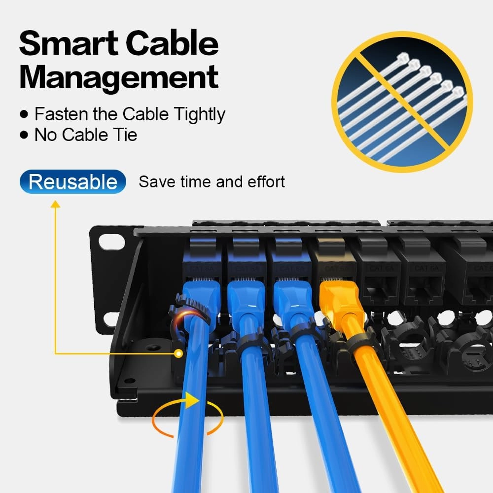 24 Port Patch Panel RJ45 Patch Panel CAT6a Keystone Patch Panel UTP with Smart Cable Management for 19 inch Rack Mount