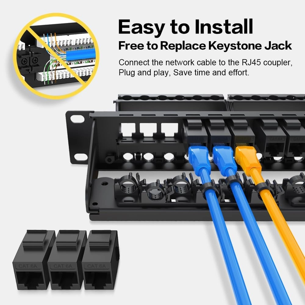 24 Port Patch Panel RJ45 Patch Panel CAT6a Keystone Patch Panel UTP with Smart Cable Management for 19 inch Rack Mount