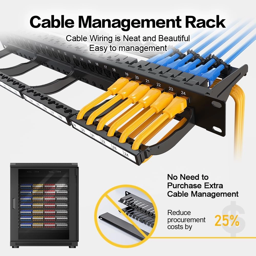 24 Port Patch Panel RJ45 Patch Panel CAT6a Keystone Patch Panel UTP with Smart Cable Management for 19 inch Rack Mount