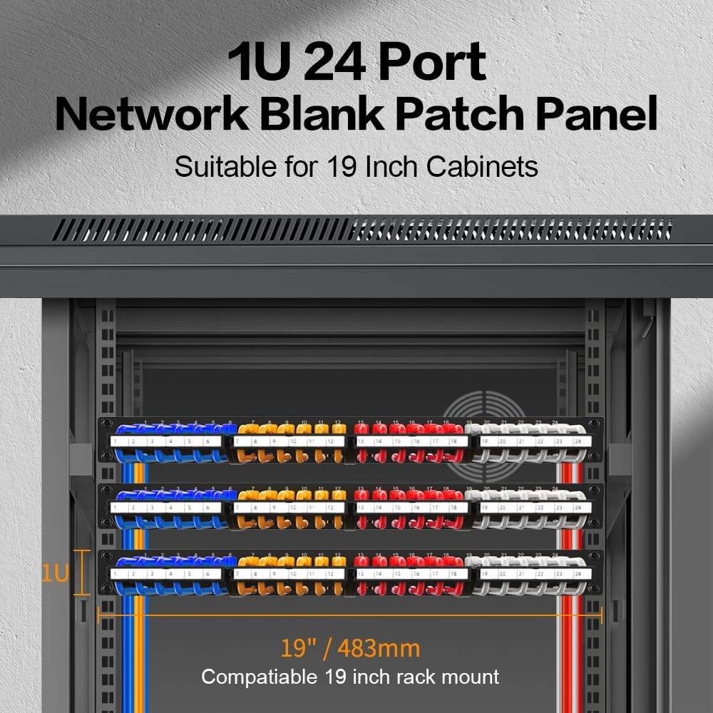 24 Port Patch Panel RJ45 Patch Panel CAT6a Keystone Patch Panel UTP with Smart Cable Management for 19 inch Rack Mount