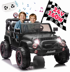24V Ride on Toys for Big Kids, 2 Seater Ride on Cars with Remote Control, Kids Ride on Truck Carwith 20in Seat, Portable Pull Rod, Light, Trunk Storage, Bluetooth, USB, 2.5-4MPH (Black)
