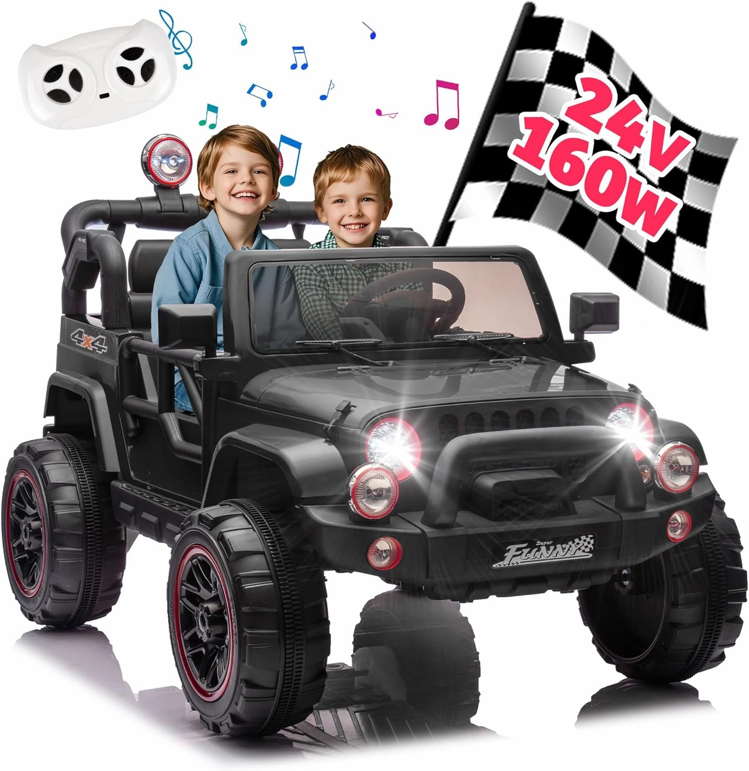 24V Ride on Toys for Big Kids, 2 Seater Ride on Cars with Remote Control, Kids Ride on Truck Carwith 20in Seat, Portable Pull Rod, Light, Trunk Storage, Bluetooth, USB, 2.5-4MPH (Black)