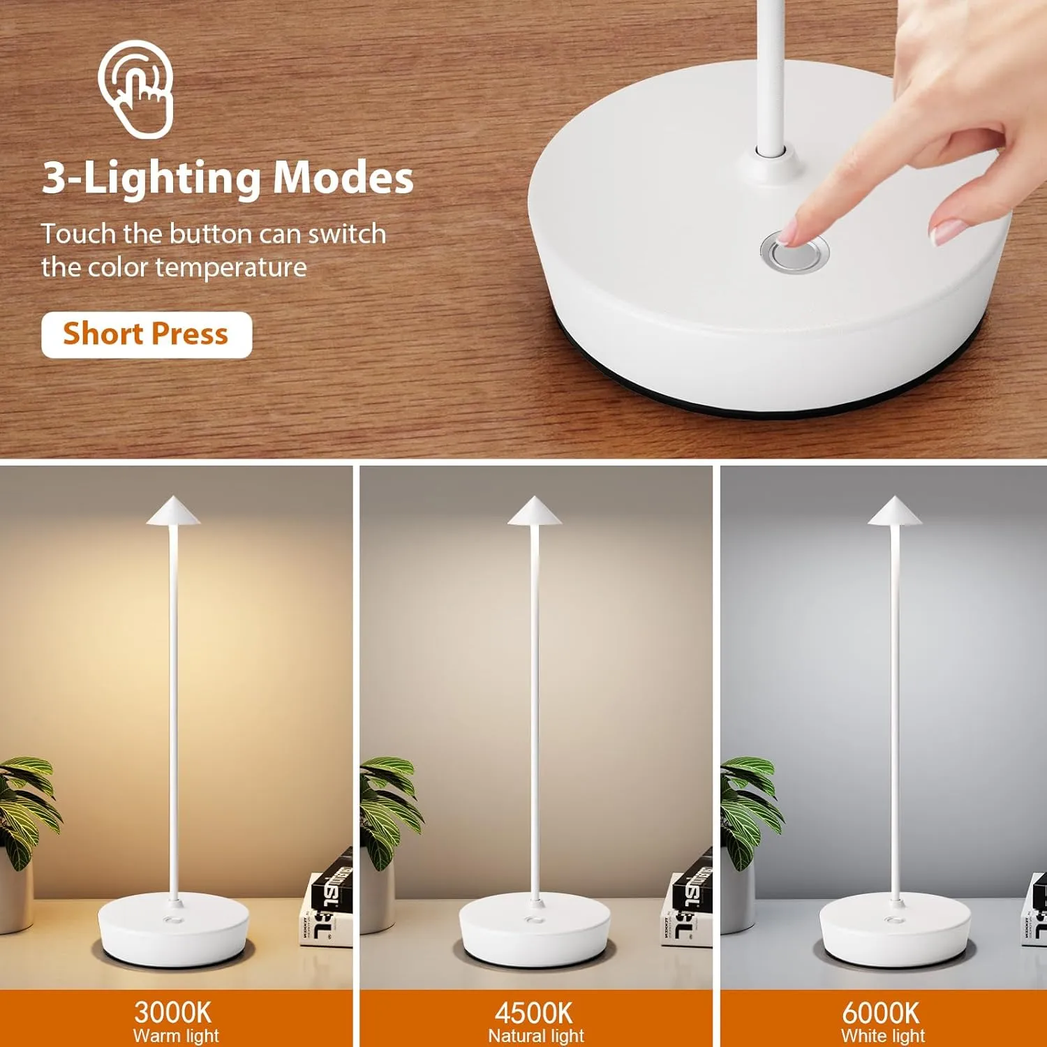 2Pack Rechargeable Cordless Table Lamp, Portable Powered LED Battery 6000mAh Metal USB Desk Lamp, 3 Levels Brightness Light for Restaurants Outdoor (2pack White)