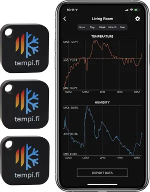 (3) tempi.fi Mini Wireless Temperature and Humidity Sensors - Developed in The USA - 24/7 Data Logger with Alarm – Bluetooth Smart Thermometer and Hygrometer - Bluetooth Only - Not Wi-Fi