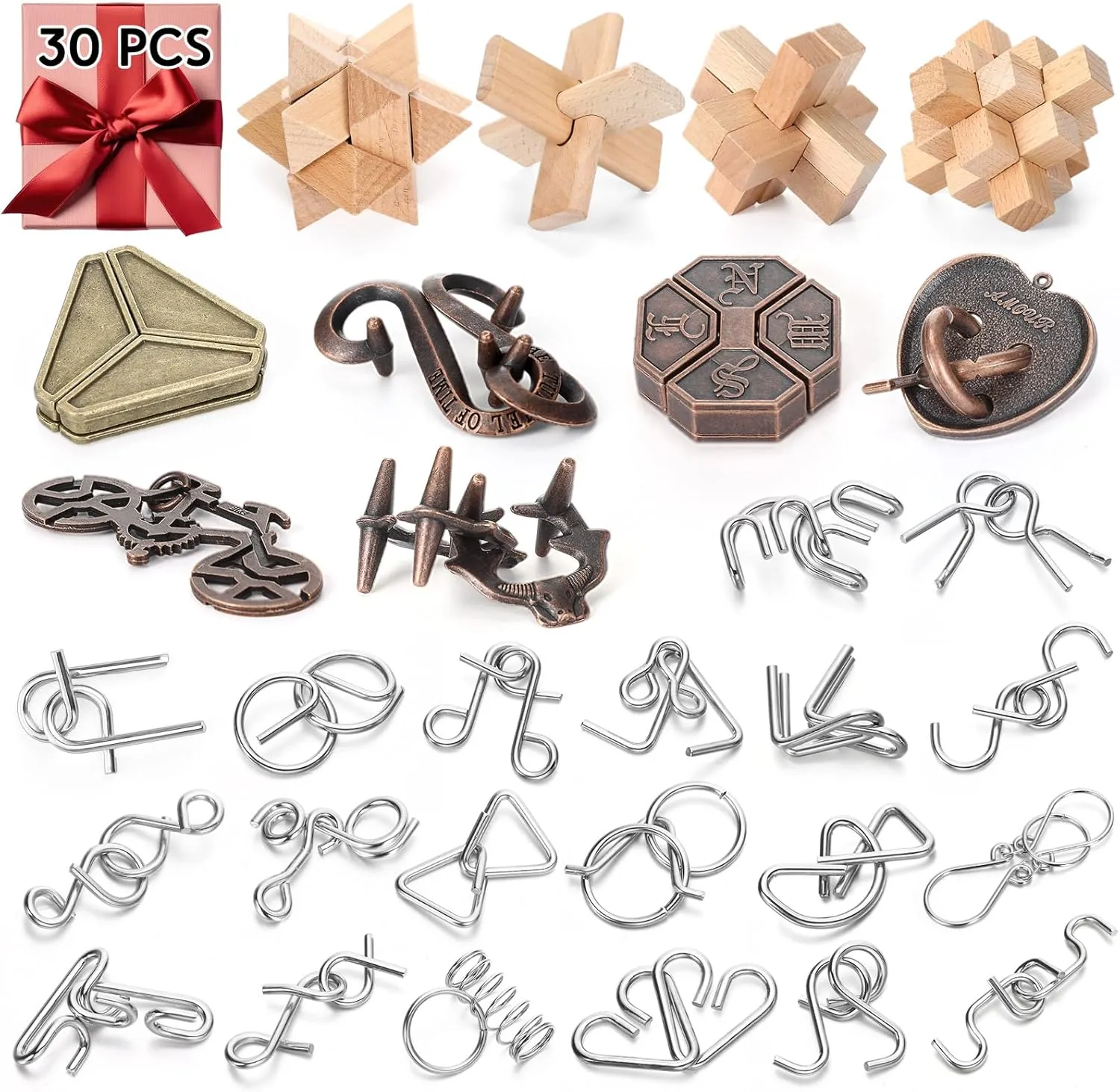 30 Pcs Brain Teaser Puzzles Wooden and Metal Cast 3D Unlock Interlocking Puzzles Gift IQ Educational Smart Puzzle Toys for Teens Adult Puzzles