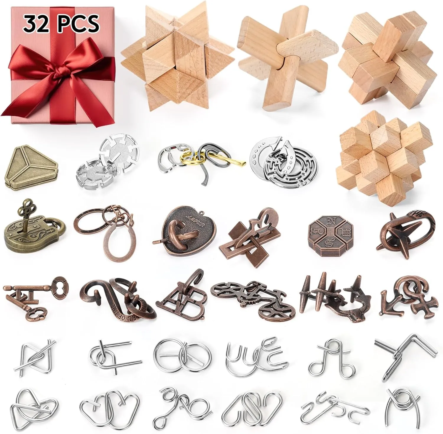 32 Pcs Brain Teaser Puzzles Wooden and Metal Cast 3D Unlock Interlocking Gift IQ Educational Smart Puzzle Toys for Teens Adult Puzzles