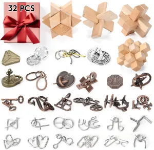 32 Pcs Brain Teaser Puzzles Wooden and Metal Cast 3D Unlock Interlocking Gift IQ Educational Smart Puzzle Toys for Teens Adult Puzzles