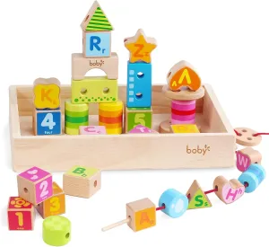 33-Piece Large Bead Number and Letter Threading Building Blocks with Wooden Storage Box - Fine Motor Skills Training for 3-6 Year Old Kids, Educational Stringing Toy for Early Development