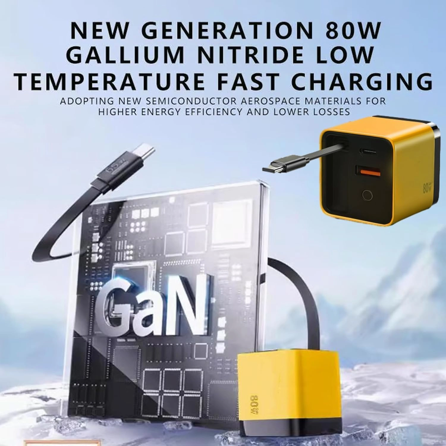 3 in 1 Gan Charger, 80 Watt Charger, Scalable 80w Max Fast Charger Module with Type-C Cable and 2 USB Ports, Built-in 80cm Retractable Long Data Cable for iPhone, Phone and Laptops (White)
