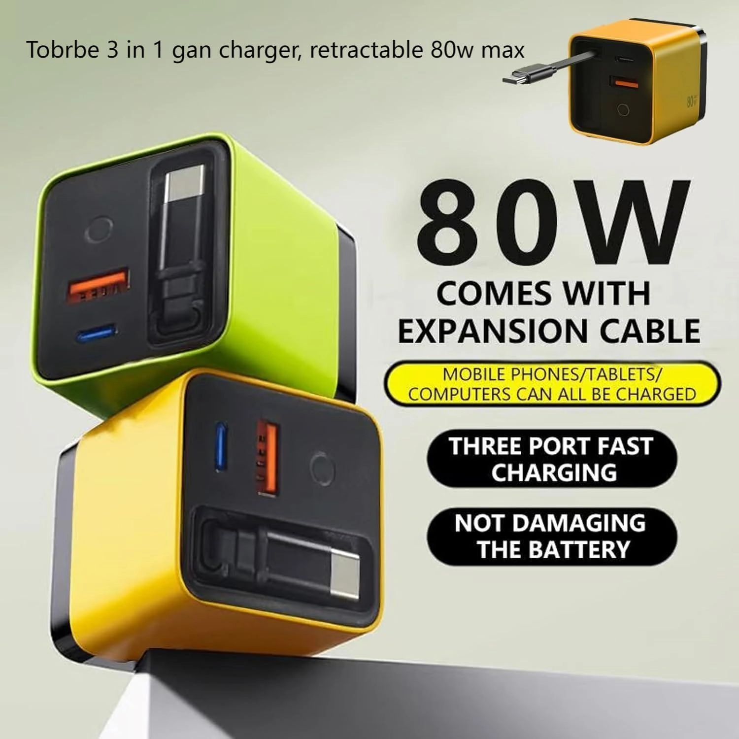 3 in 1 Gan Charger, 80 Watt Charger, Scalable 80w Max Fast Charger Module with Type-C Cable and 2 USB Ports, Built-in 80cm Retractable Long Data Cable for iPhone, Phone and Laptops (White)