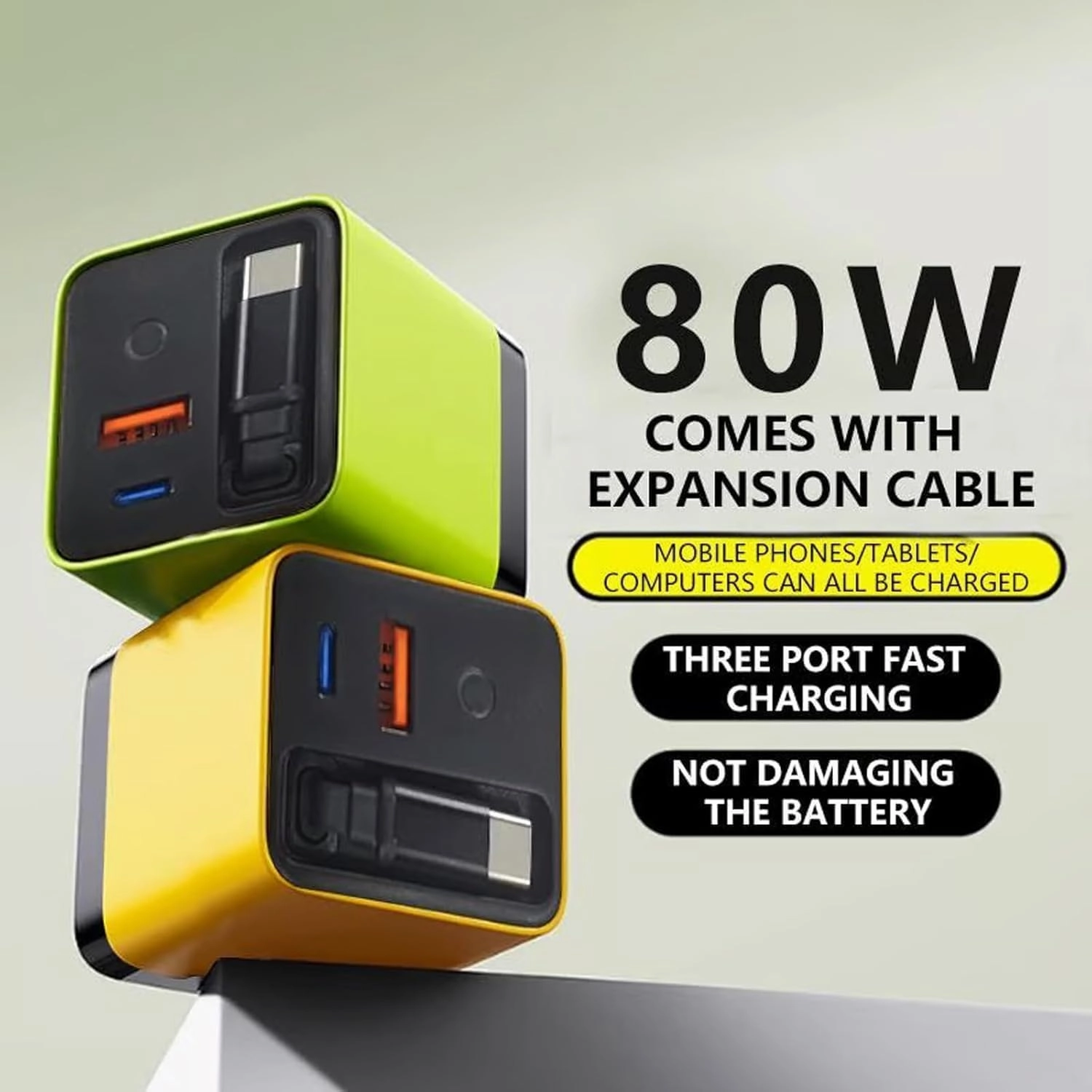 3 in 1 GaN Charger, Scalable 80W MAX Fast Charger Module with Type-C Cable and 2 USB Ports, Cell Phone Tablet Chargers & Power adapters, Retractable Phone Charger Wall Plug (Green)