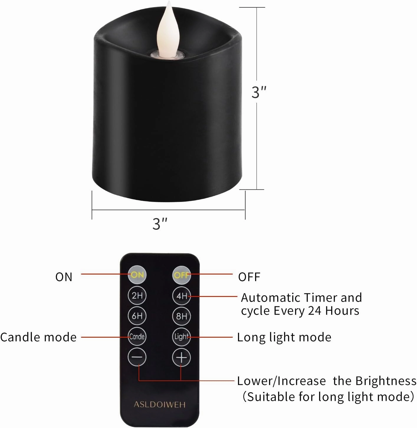 3x3 Flickering Flameless Candles Set of 1, 2AA Battery Life 600 Hours Battery Candles Flickering with Timer, 3 inch Flameless Candles with Remote for Indoor/Outdoor, Black
