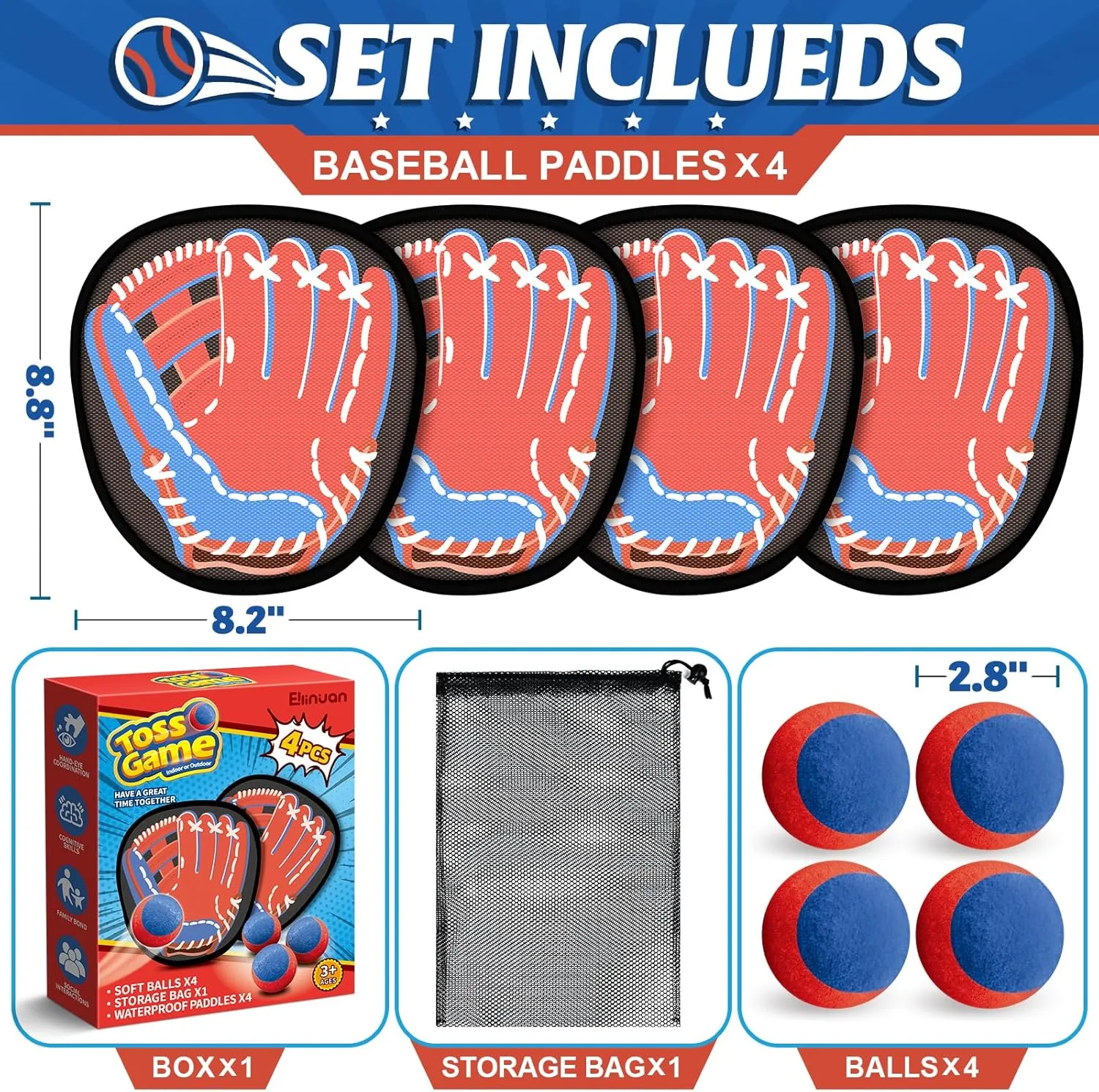 4 Packs Catch Ball Game Set, Baseball Training Glove, Outdoor Toys, Summer Beach Pool Yard Backyard Lawn Camping Sports Play Toy Games for Toddlers Kids Teens Adults Family Game, Fun Ideal Gifts