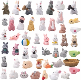 50 Pcs Mini Rabbits Figurine Bunny Fairy House Diorama Accessories Mini Rabbits Bunny Figurines Micro Landscape Garden Ornaments for DIY Easter Egg Fillers Dollhouse Cake Decor(Funny)