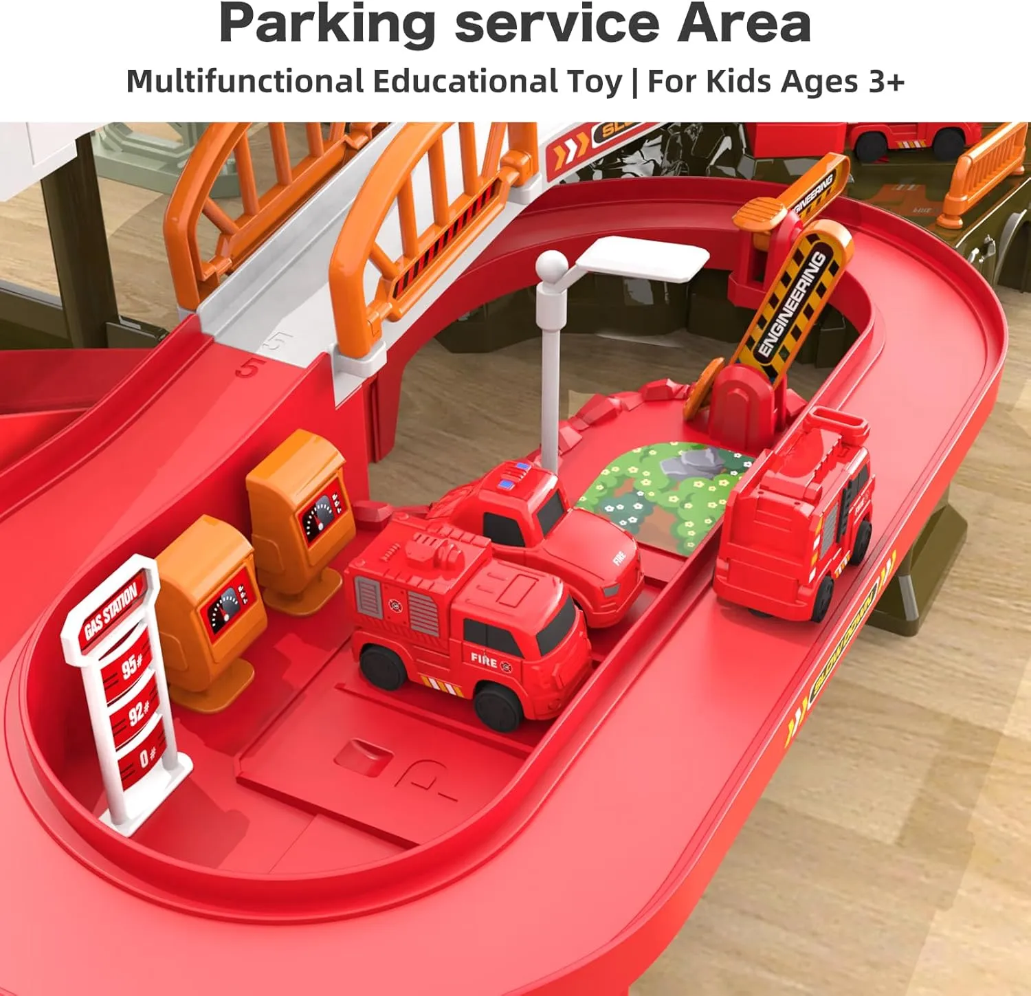 52PCS Fire Rescue Adventure Track Playset for Kids Ages 3 , Electric Ladder, 3 Mini Cars&one Airplane, Multi-Level Tracks with Lights & Sounds, Obstacles & Role Play, Gift for Boys & Girls