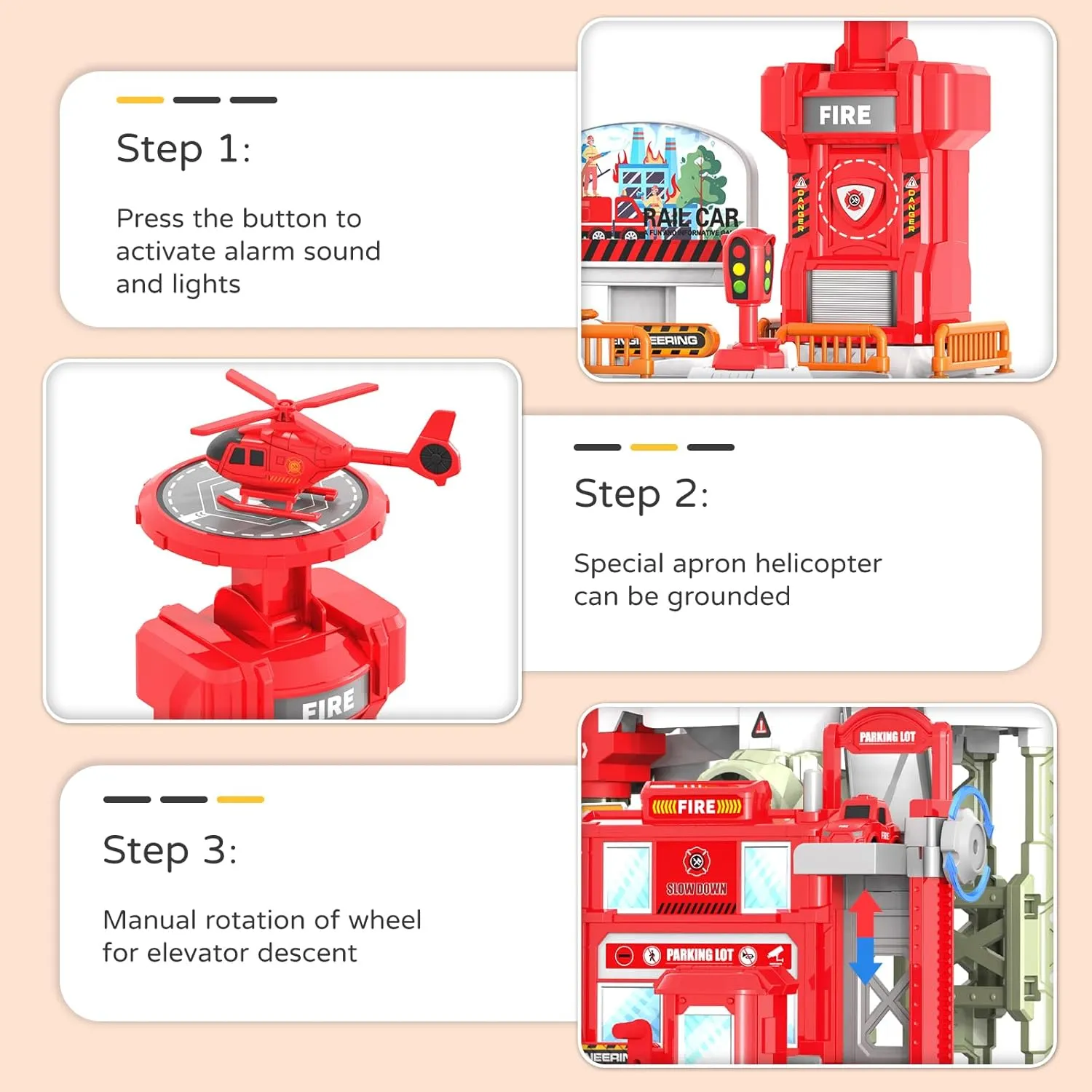 52PCS Fire Rescue Adventure Track Playset for Kids Ages 3 , Electric Ladder, 3 Mini Cars&one Airplane, Multi-Level Tracks with Lights & Sounds, Obstacles & Role Play, Gift for Boys & Girls