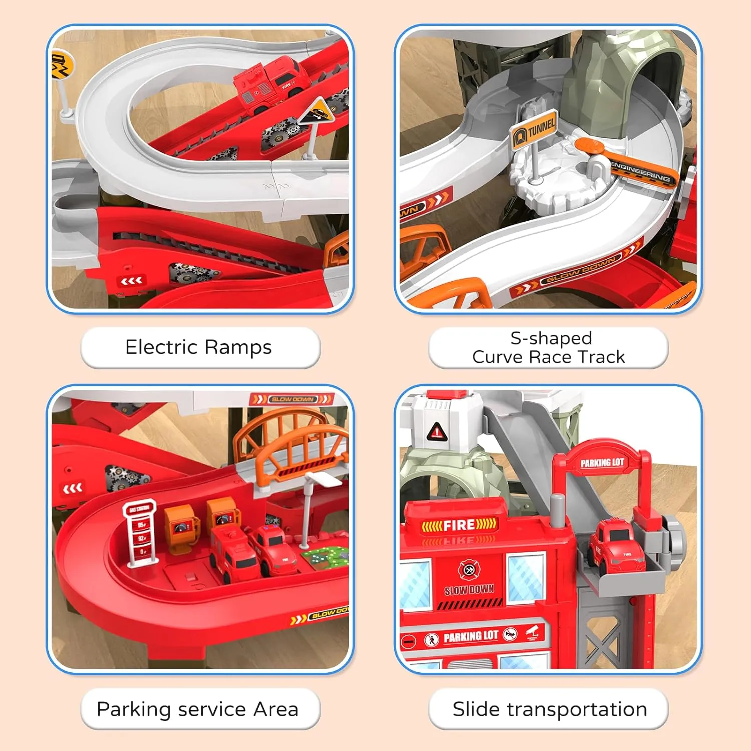 52PCS Fire Rescue Adventure Track Playset for Kids Ages 3 , Electric Ladder, 3 Mini Cars&one Airplane, Multi-Level Tracks with Lights & Sounds, Obstacles & Role Play, Gift for Boys & Girls