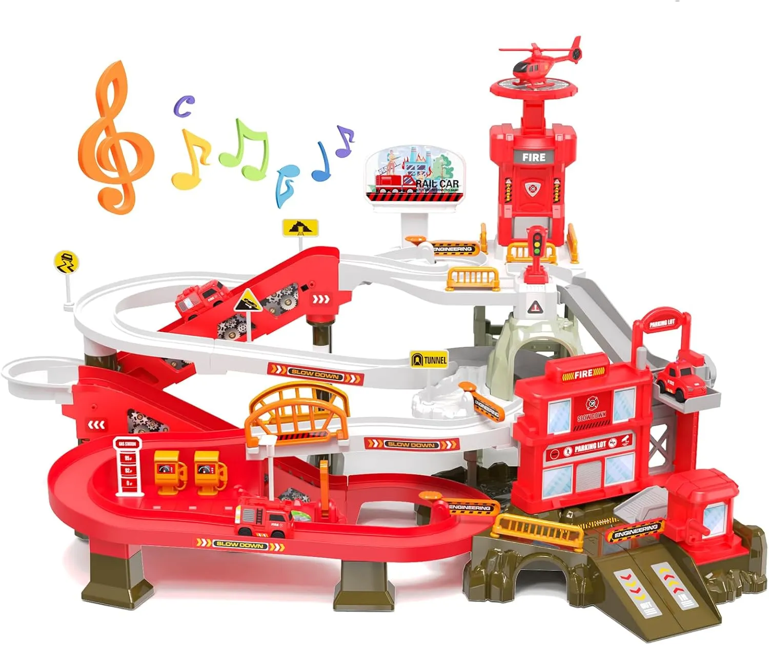 52PCS Fire Rescue Adventure Track Playset for Kids Ages 3 , Electric Ladder, 3 Mini Cars&one Airplane, Multi-Level Tracks with Lights & Sounds, Obstacles & Role Play, Gift for Boys & Girls