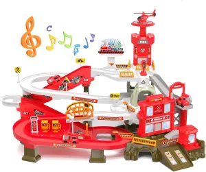 52PCS Fire Rescue Adventure Track Playset for Kids Ages 3 , Electric Ladder, 3 Mini Cars&one Airplane, Multi-Level Tracks with Lights & Sounds, Obstacles & Role Play, Gift for Boys & Girls