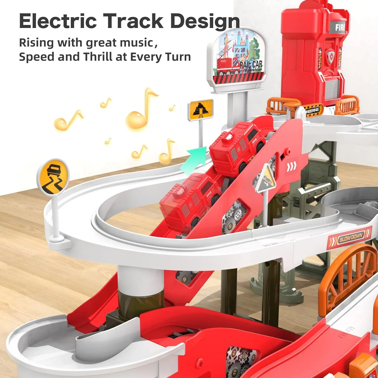 52PCS Fire Rescue Adventure Track Playset for Kids Ages 3 , Electric Ladder, 3 Mini Cars&one Airplane, Multi-Level Tracks with Lights & Sounds, Obstacles & Role Play, Gift for Boys & Girls
