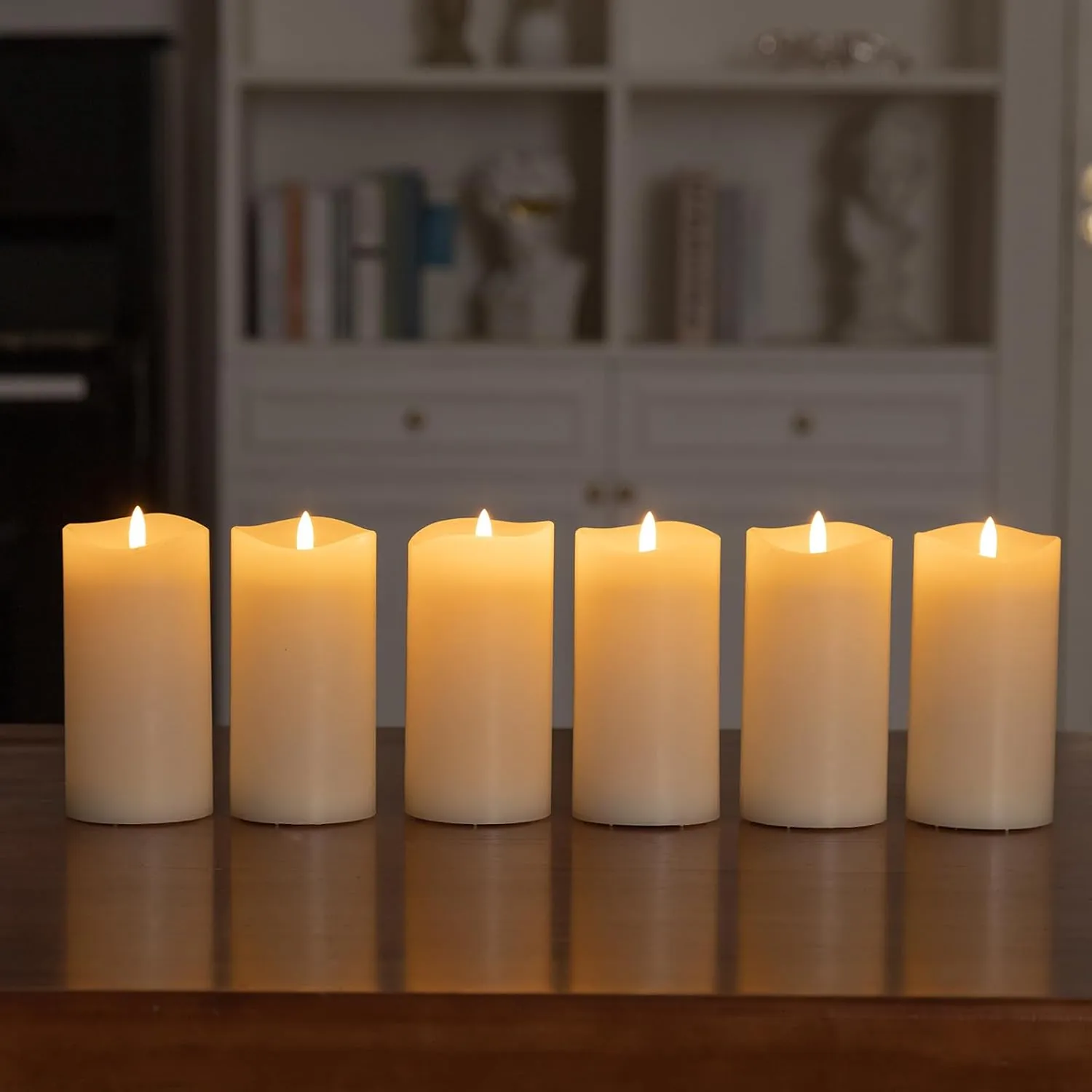 6 inch Flameless Candles, Flickering Battery Operated Candles with Remote, LED Pillar Candle Large, Real Wax，Ivory White