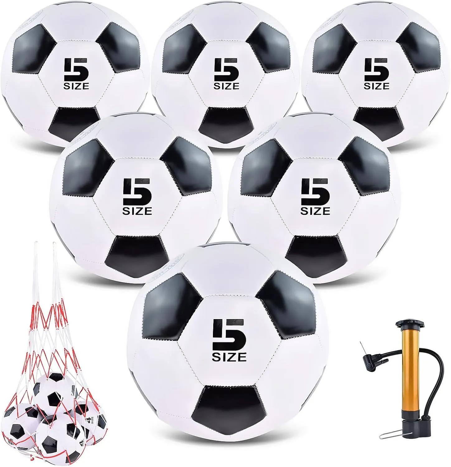 6 Pack Classic deflated Soccer Balls Size 3/4/5 with Pump and Mesh Bag for Indoor Outdoor Lawn Game Training Practice Bulk Sport Gift for Teens Adults