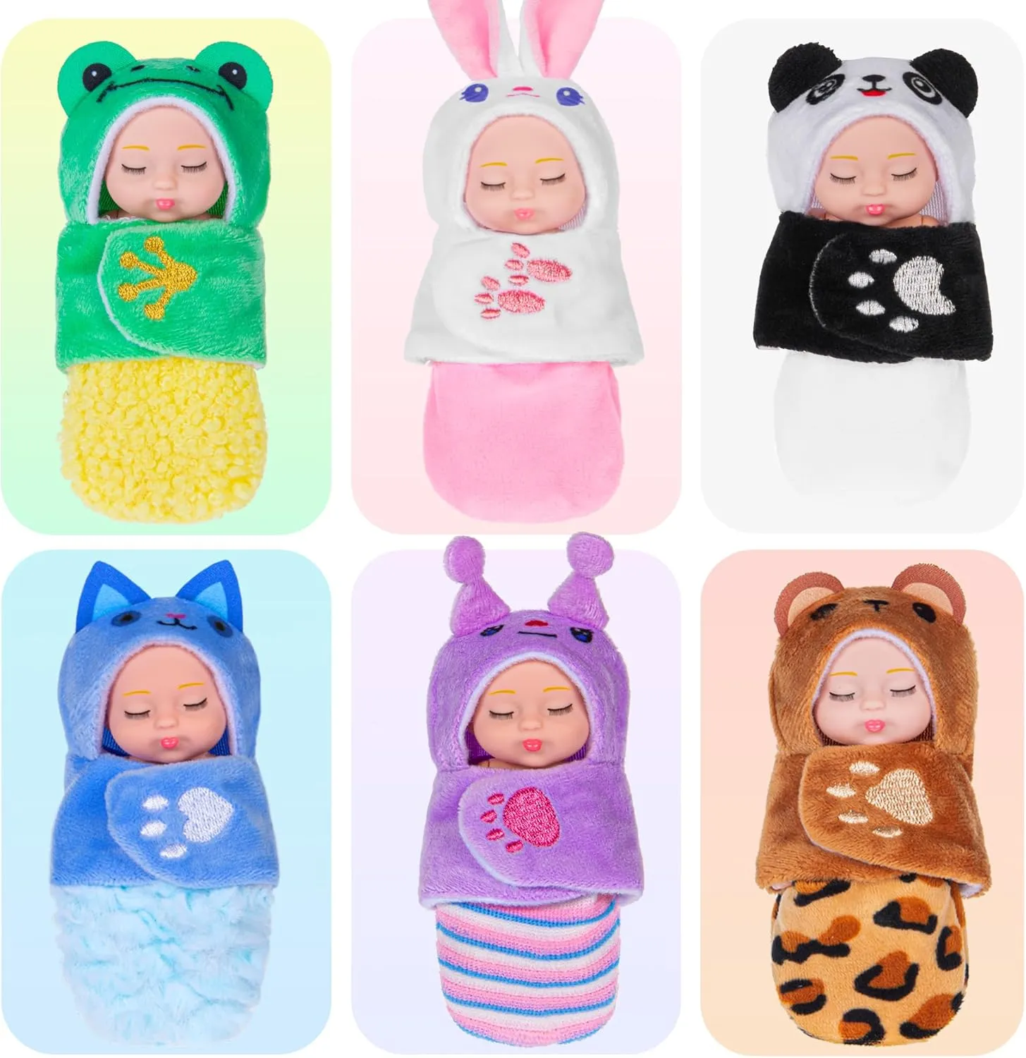 6 Pack Mini Baby Dolls - 4 inch Animal with Sleeping Bag Theme Lifelike Baby Dolls for Girls