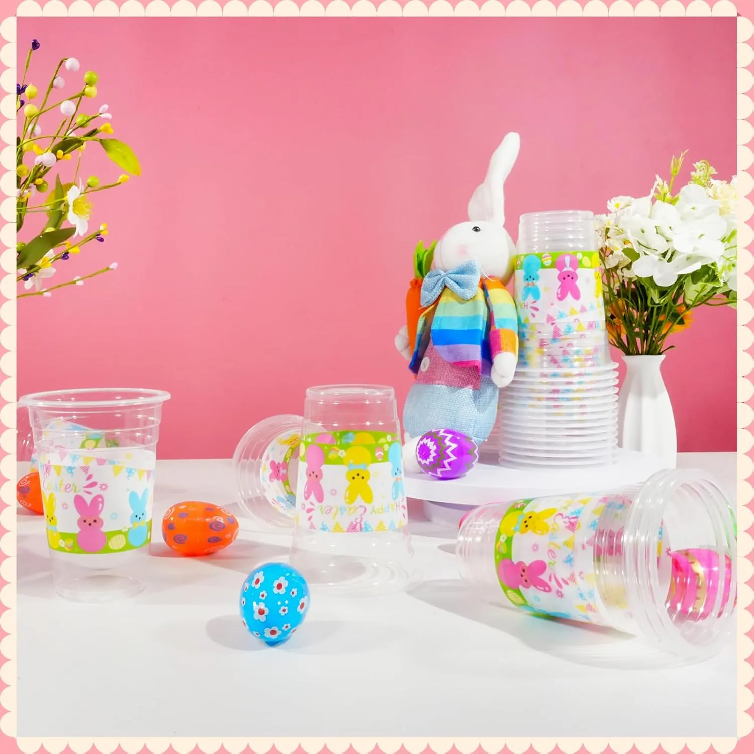 60 Pieces 16oz Easter Bunny Disposable Plastic Cups for Easter Party Supplies, Bunny Birthday Party Decorations