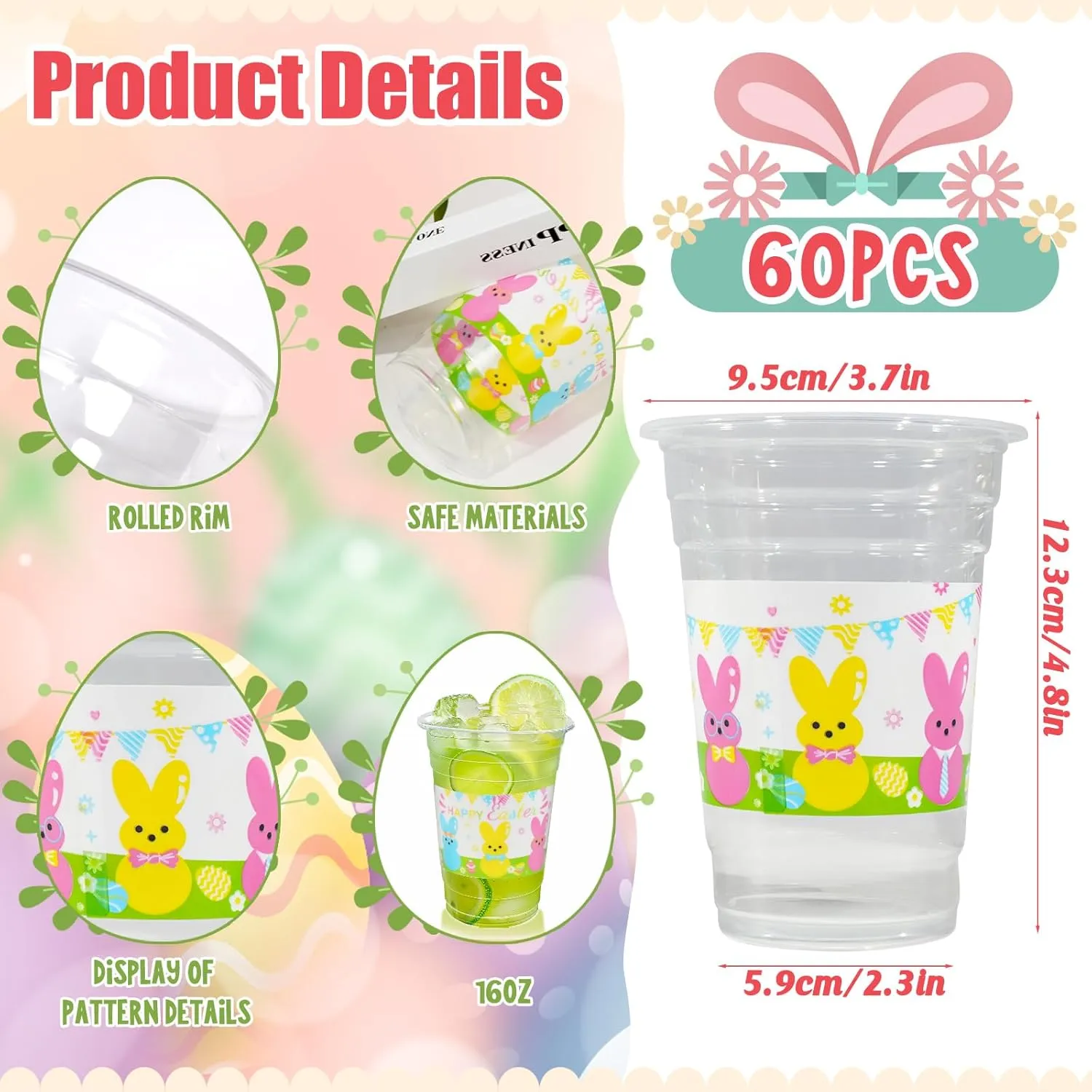 60 Pieces 16oz Easter Bunny Disposable Plastic Cups for Easter Party Supplies, Bunny Birthday Party Decorations
