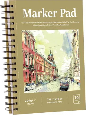 70 Sheets Hardcover Marker Paper Pad, 7.6x10in Alcohol Marker Paper Sketch Pad, 122lb/200gsm Heavyweight Spiral Sketch Book, Painting Coloring Drawing Paper for Beginners Artists Ideal Gift