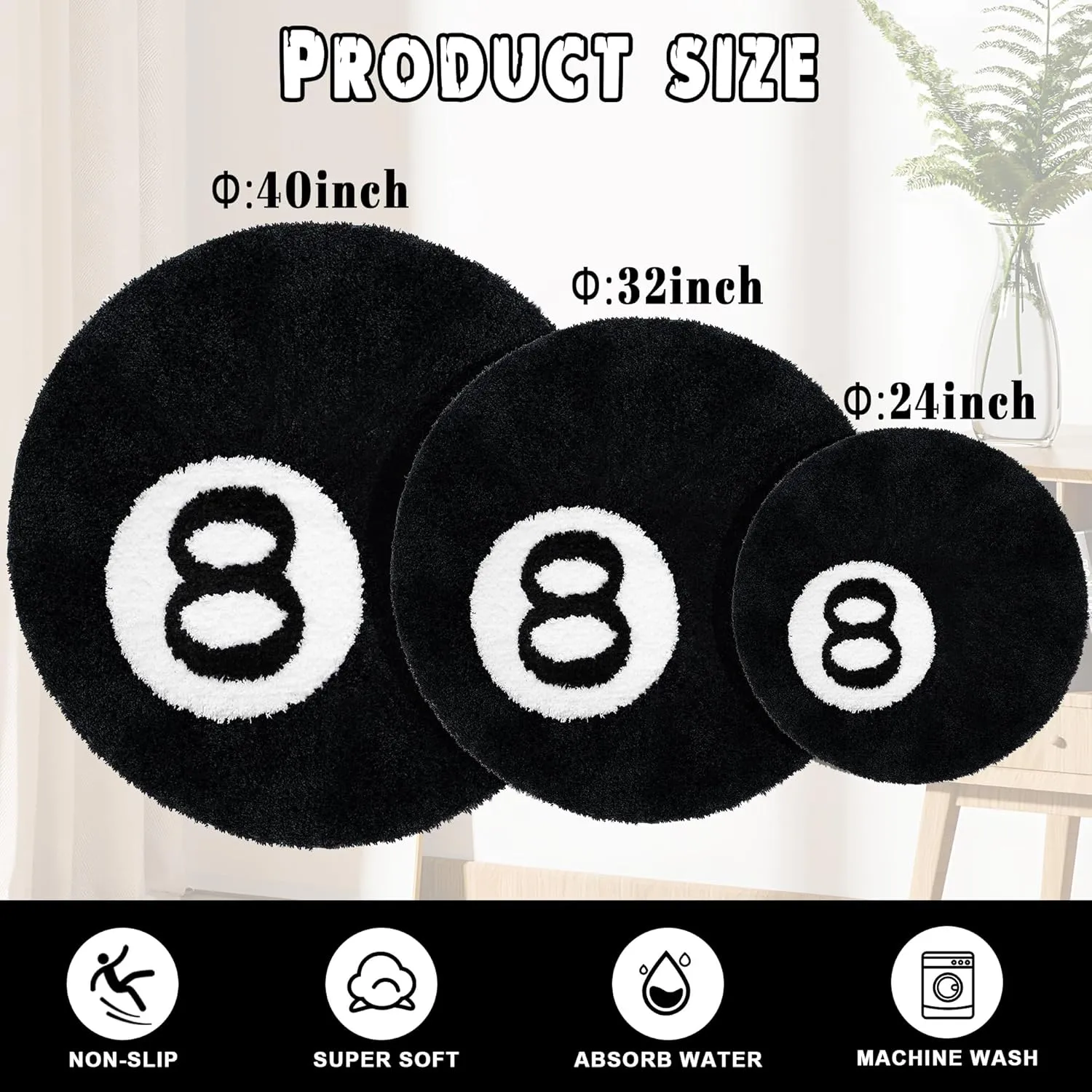 8 Ball Rug, 32 inch Large Black Round Rug for Home Decor, Stussy Cool Eight Ball Rug for Bedroom Living Room, Housewarming Gift, Black