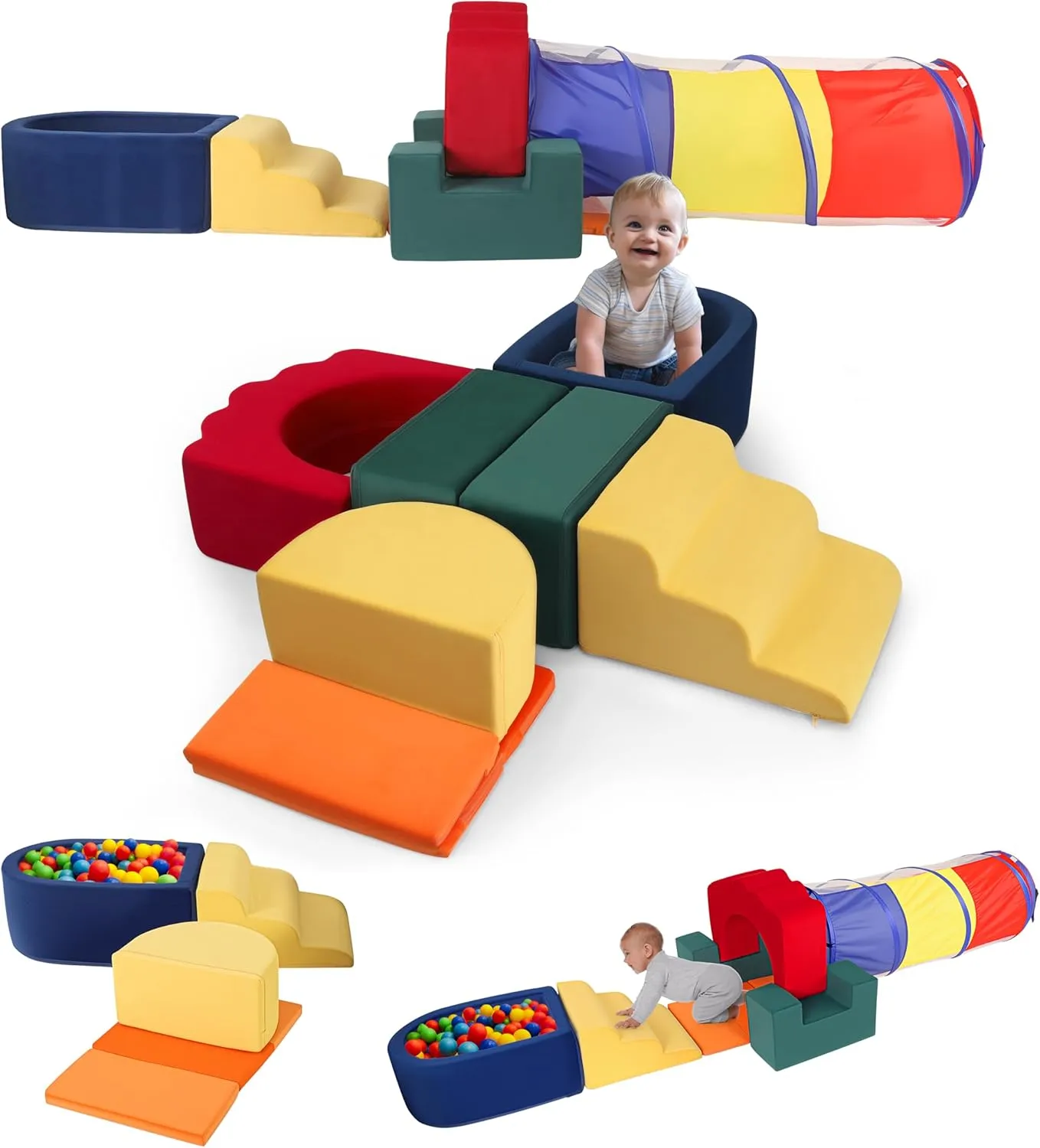 8 Pcs Foam Climbing Toys for Toddlers 1-3, Baby Foam Climbing Blocks with Ball Pit,Indoor Climb Crawl Tunnel Activity Play Set Play Gym for Climbing
