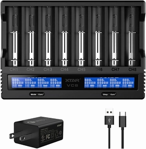8 Slots 18650 Battery Charger XTAR VC8 Charger USB C 3A Fast Charger 21700 Battery Charger with LCD Display for 3.6V 3.7V Li-ion 10440 18700 26650 1.2V Ni-MH AA AAA C Full Set with QC3.0 Wall Charger