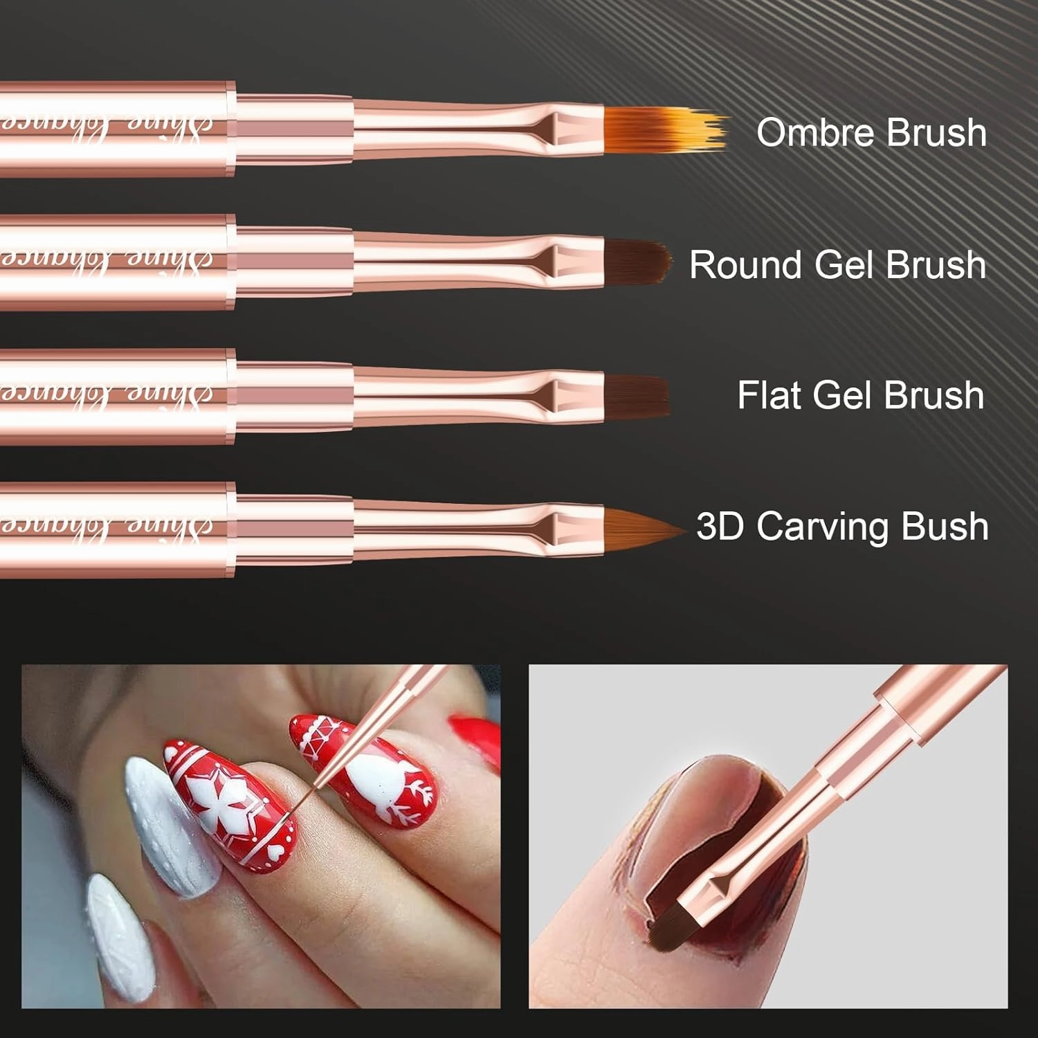 9Pcs Nail Art Brushes Set, Professional Double-Ended Acrylic Liner Detail Brushes for Gel Polish Art Nail, 3D Art Nail Dotting Brush Pen for Manicure DIY Home Salon, Rosegold