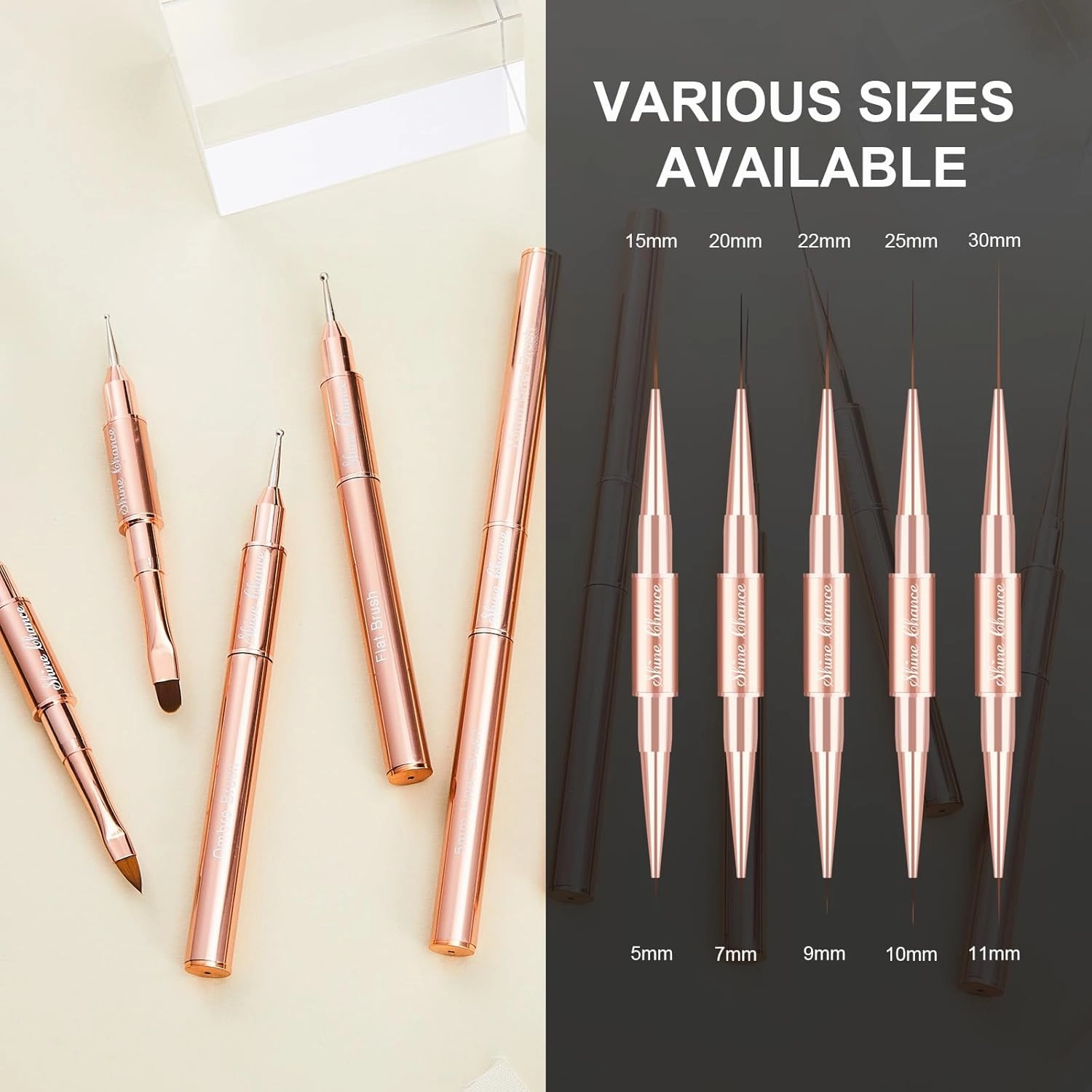 9Pcs Nail Art Brushes Set, Professional Double-Ended Acrylic Liner Detail Brushes for Gel Polish Art Nail, 3D Art Nail Dotting Brush Pen for Manicure DIY Home Salon, Rosegold