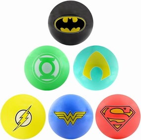 AAG DC Comic Justice League Logo Balls - 6pc Set of Bright 5 inch Vinyl Balls - Inculdes Logos for Superman, Batman, Wonder Woman, The Flash, Green Lantern and Aquaman
