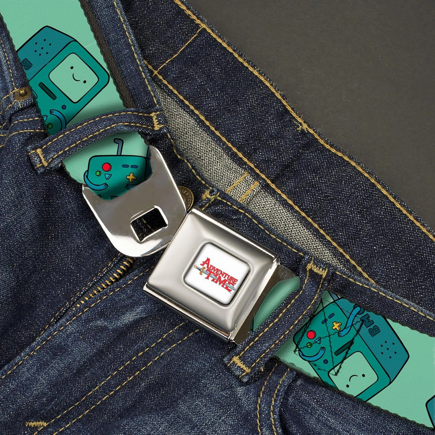 Adventure Time Belt, Seatbelt Buckle Belt, Adventure Time Bmo Pose Flips Seafoam Green, Adjustable