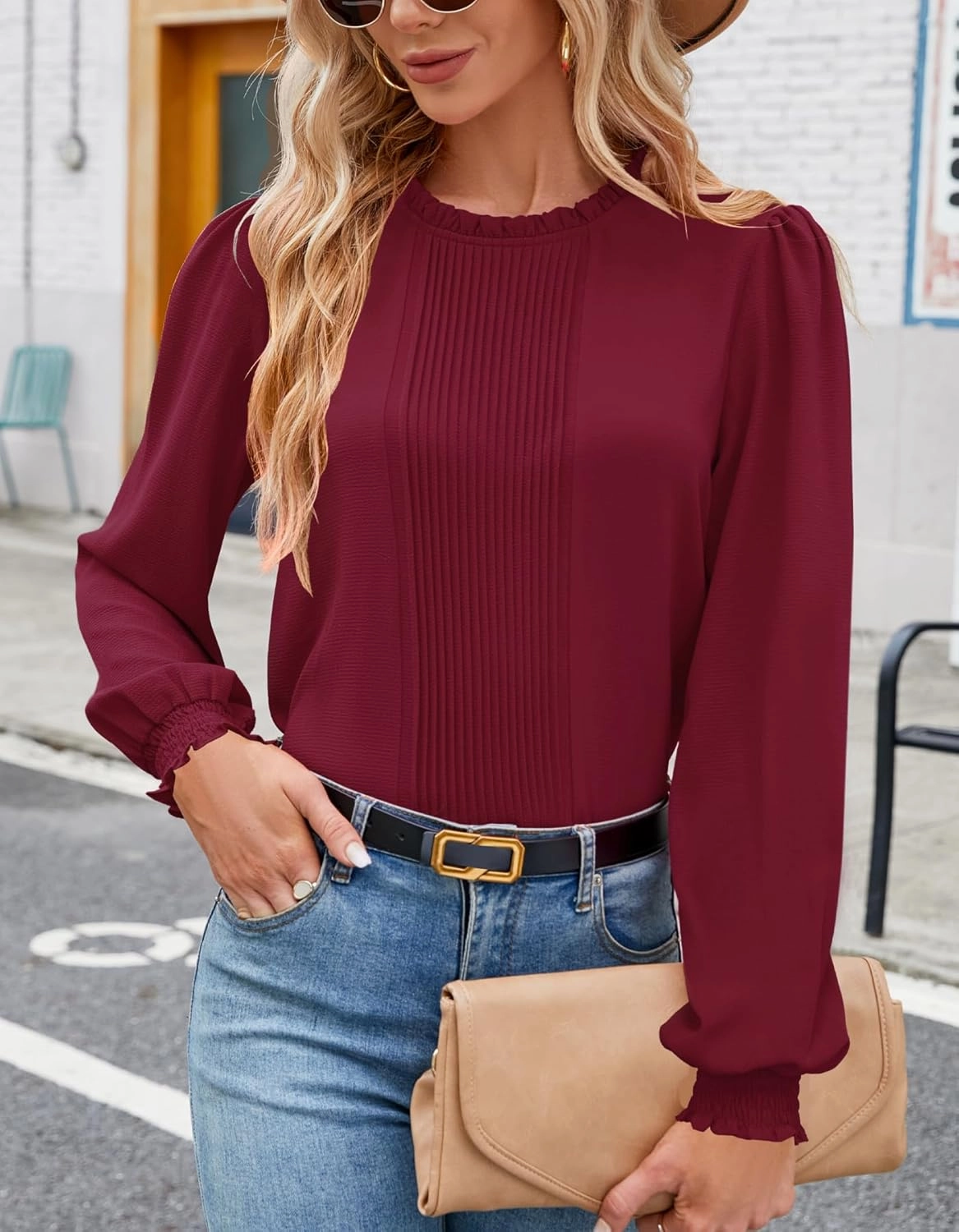 Aifer Womens Frill Mock Neck Puff Long Sleeve Blouses Dressy Pleated Front Work Shirts Business Casual Spring Tops