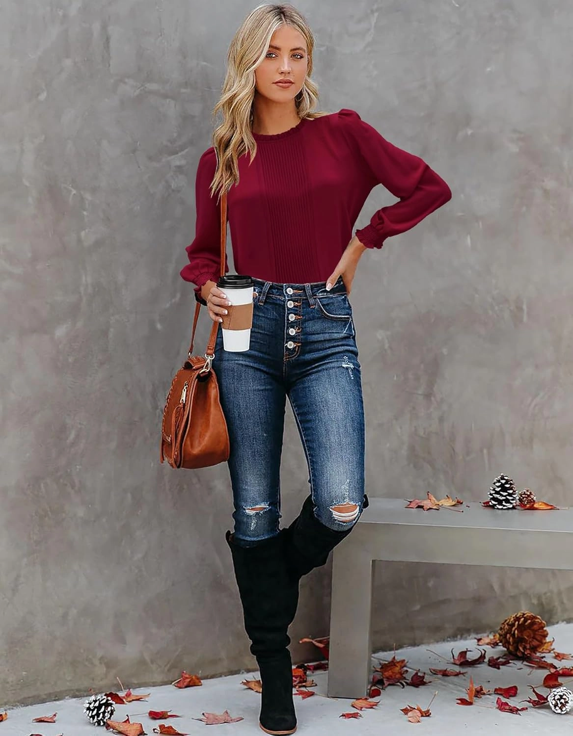 Aifer Womens Frill Mock Neck Puff Long Sleeve Blouses Dressy Pleated Front Work Shirts Business Casual Spring Tops
