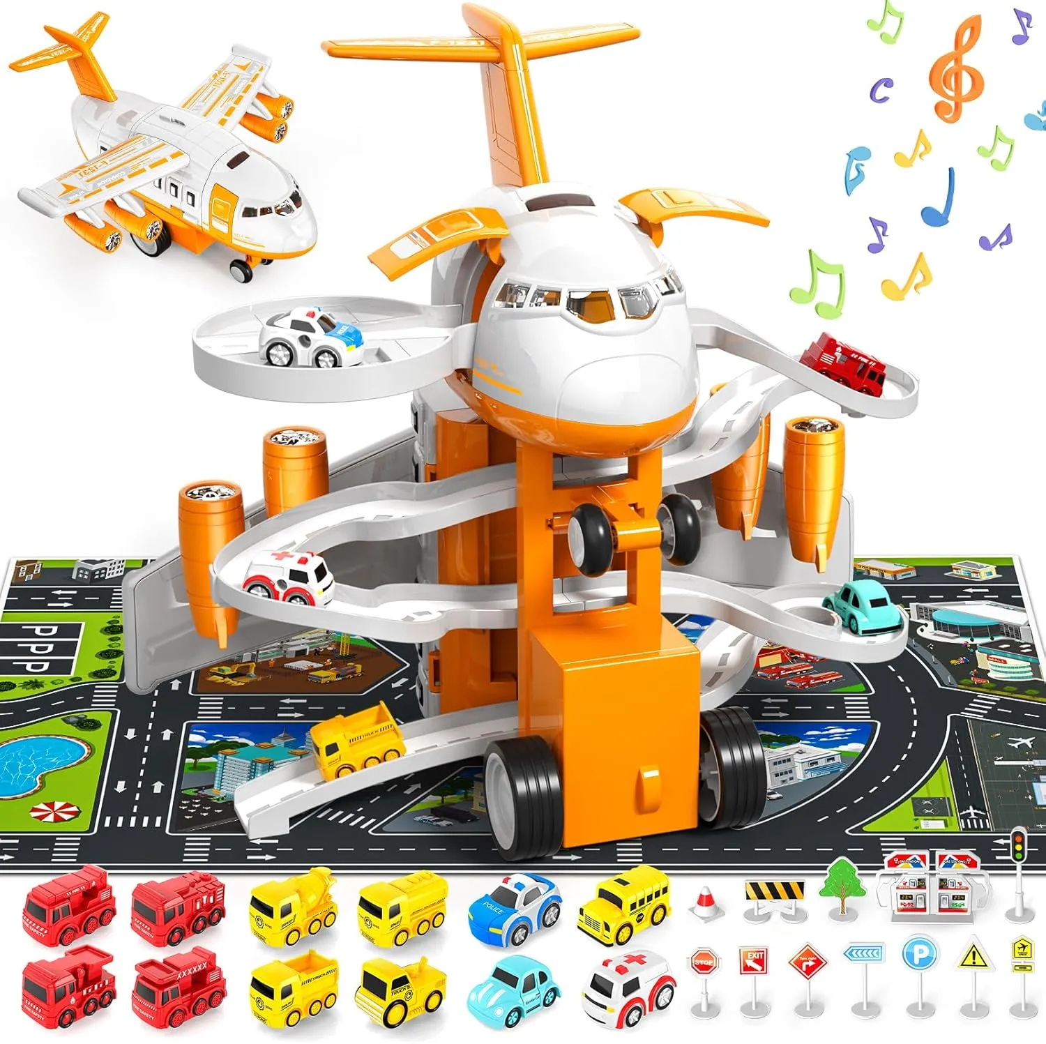 Airplane Adventure Race Track Toy for Kids 3-7 - Friction Powered with Car Toys, Playmat, and Traffic Signs