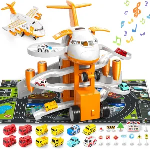 Airplane Adventure Race Track Toy for Kids 3-7 - Friction Powered with Car Toys, Playmat, and Traffic Signs
