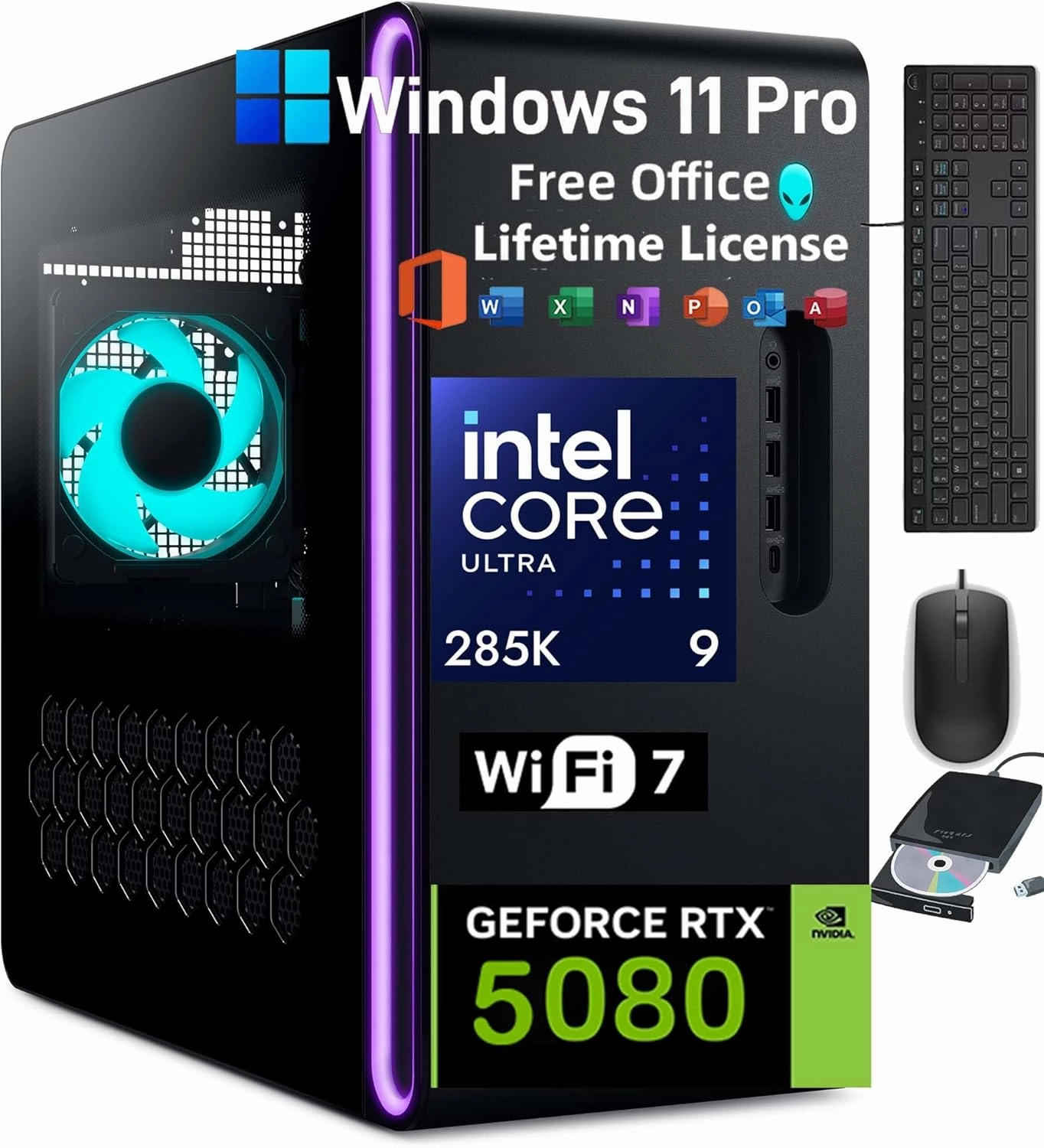 Alienware Aurora R16 Gaming Desktop 2025, Intel 24 Core Ultra 9 285K(AI NPU), RTX 5080 GDDR7(Beat 4090), w/Win 11 Pro & Office License, External DVD Drive, WiFi 7(64GB DDR5 | 8TB SDD | 2TB HDD)