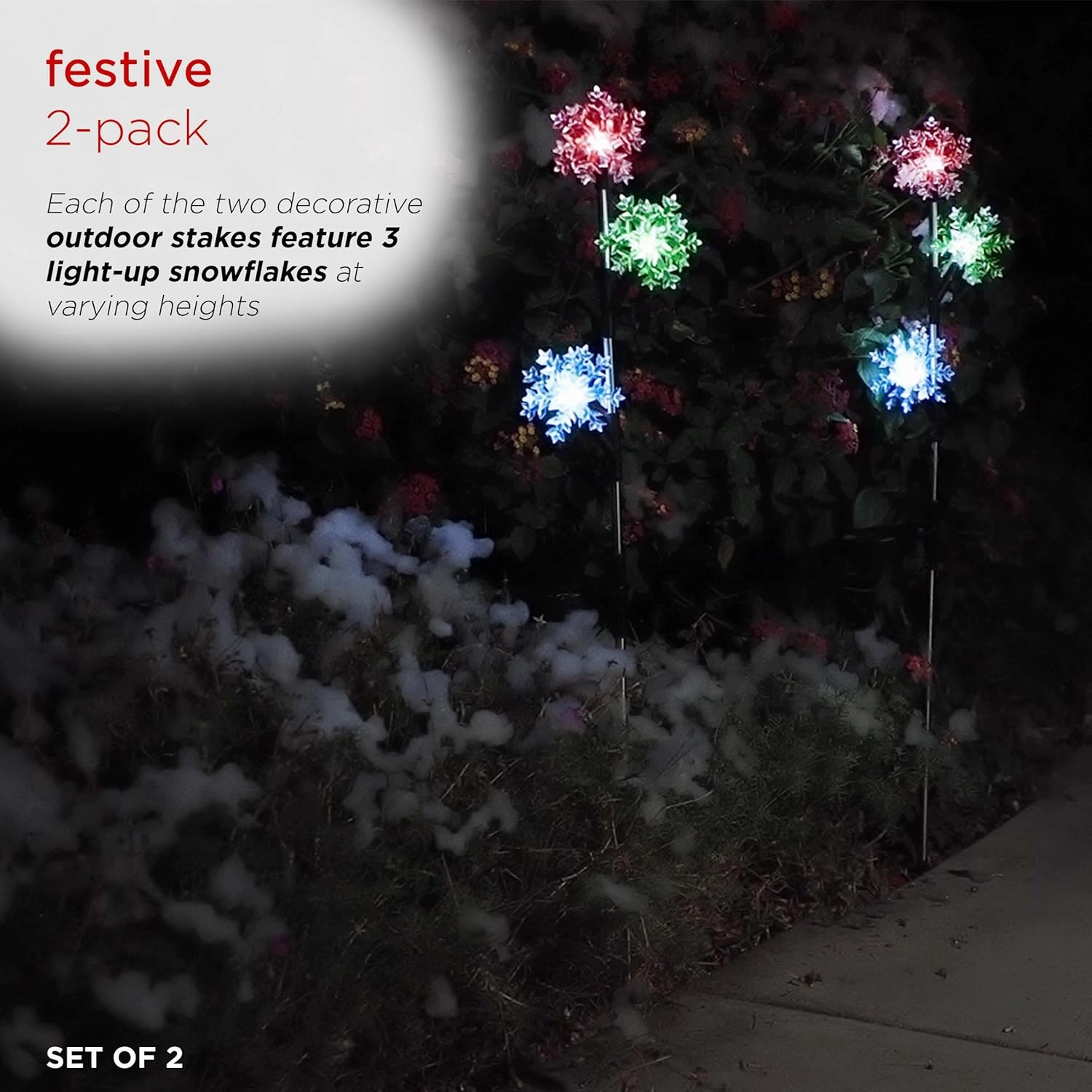 Alpine Corporation Holiday Décor Acrylic 3-Tier Snowflake Stakes with Solar Powered LED Lights; 2-Pack; Christmas Decoration